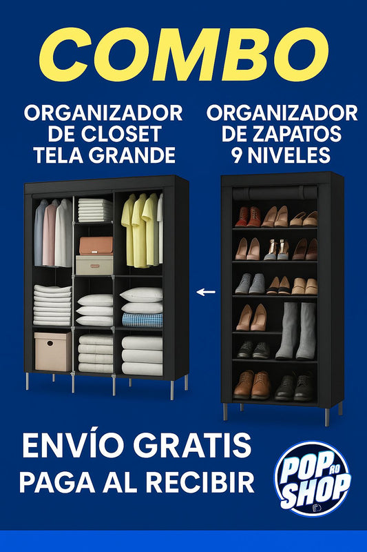 COMBO SÚPER ORGANIZACIÓN - ¡Closet de tela grande + zapatero de 9 niveles!
